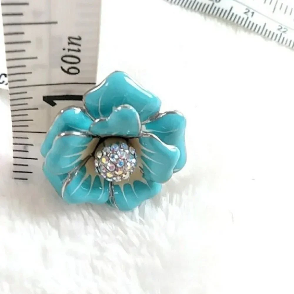 Blue Flower Statement Chunky Ring Stainless Steel Nickel Free Hypoallergenic